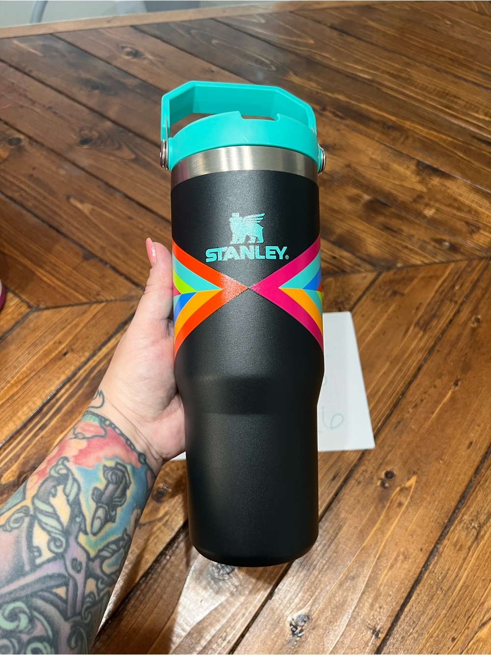 Stanley Black Tumbler with Teal Handle and Multicolor Chevron Accent